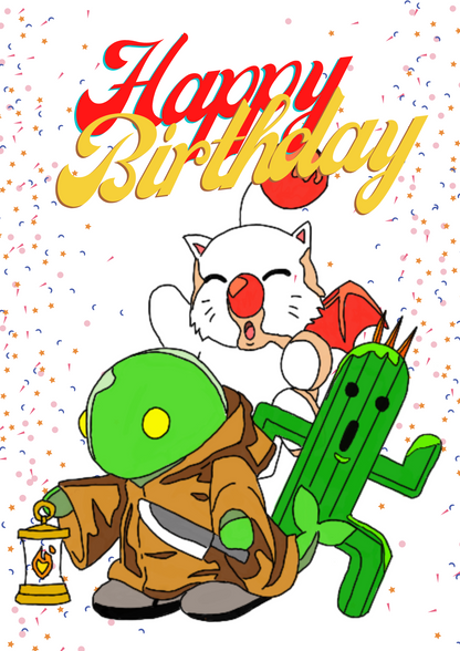 Final Fantasy Tonberry, Moogle and Cactaur Mascot A5 Birthday Card